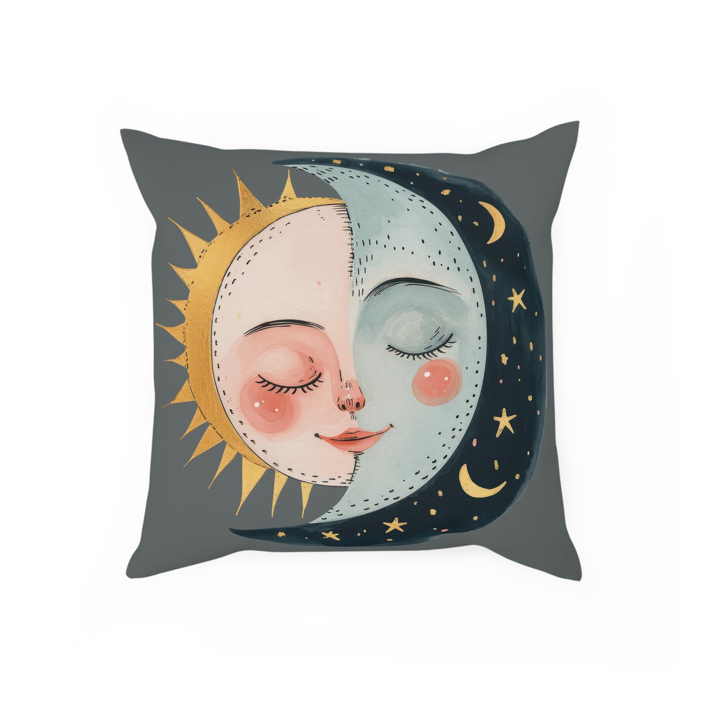 Graues Deko Sofakissen "Sonne und Mond" links