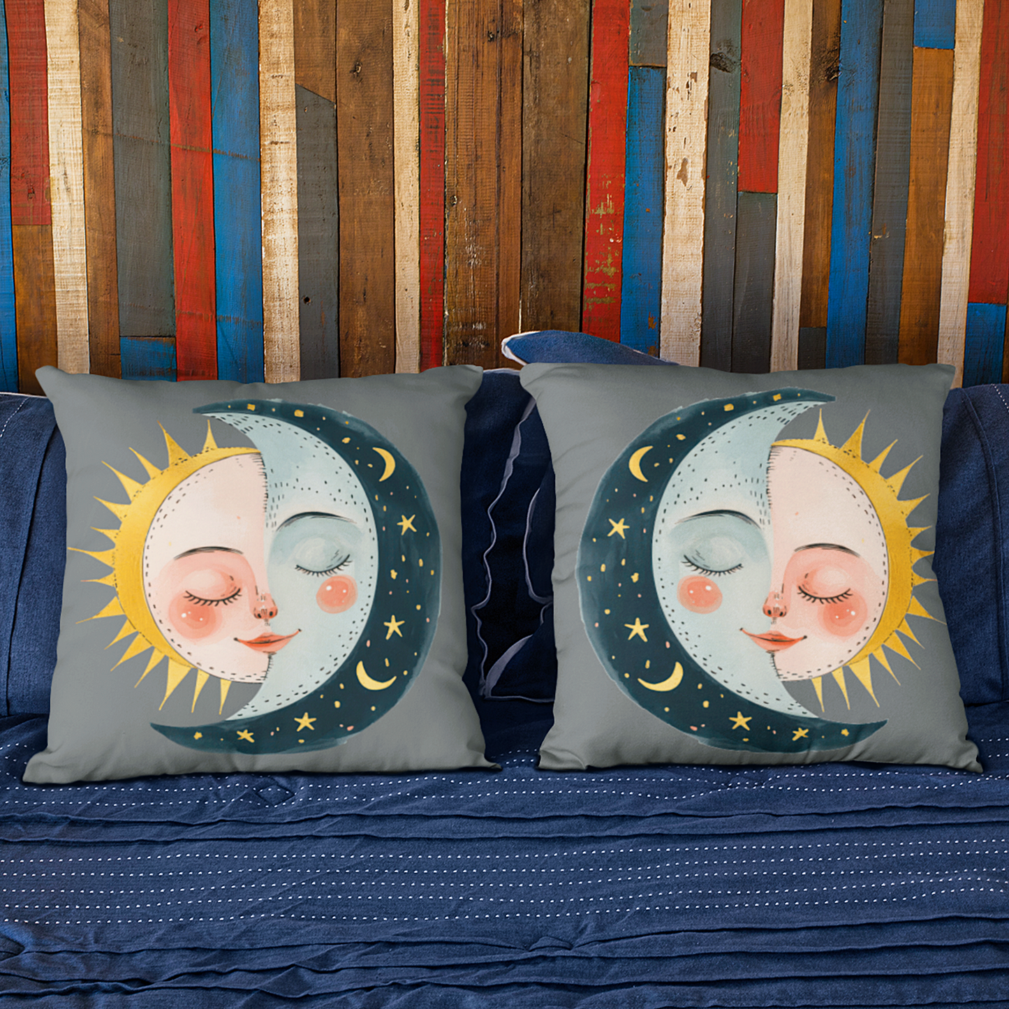 Graues Deko Sofakissen "Sonne und Mond" links