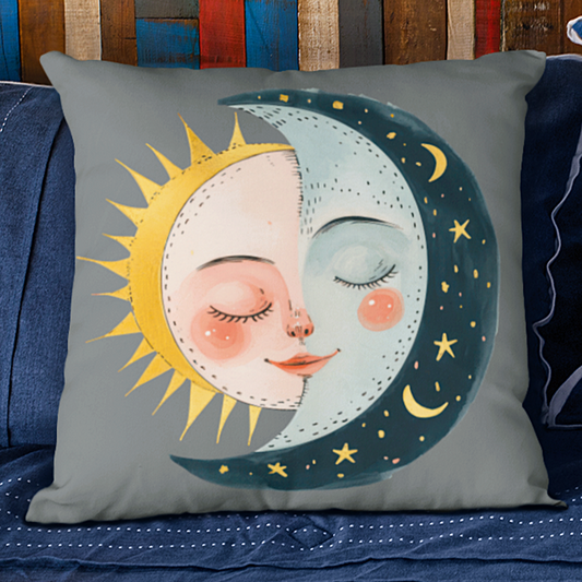 Graues Deko Sofakissen "Sonne und Mond" links