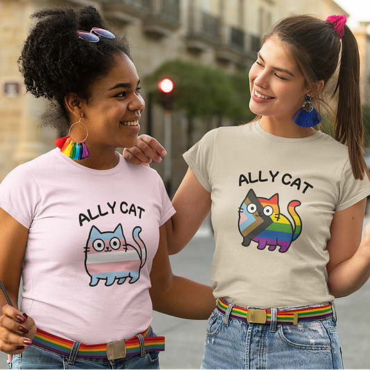 Ally Cat T-Shirt – LGBTQIA+ Pride Design mit Progress- oder Trans Flagge S-5XL