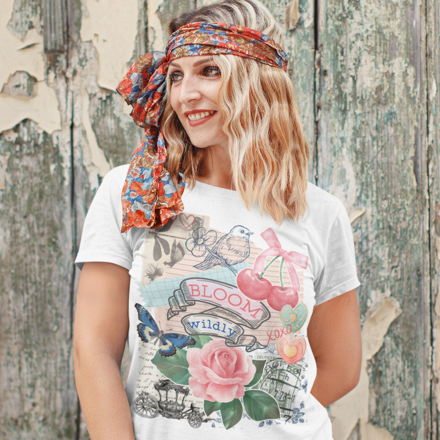 "Bloom Wildly" T-Shirt mit Vintage-Collage – für Selbstliebe & kreative Boho-Vibes S-5XL