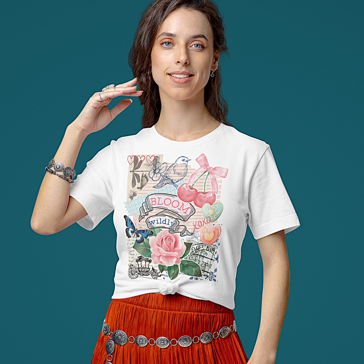 "Bloom Wildly" T-Shirt mit Vintage-Collage – für Selbstliebe & kreative Boho-Vibes S-5XL